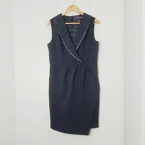Elena Wang Classic Black Satin V-Neck Trim Pockets Sleeveless Faux Wrap Dress S - Picture 1 of 12